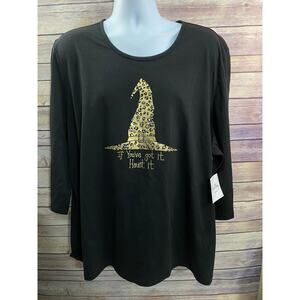 Coral Bay Halloween Tee Size 3X Black Gold Glitter Wizard Hat Stars Plus